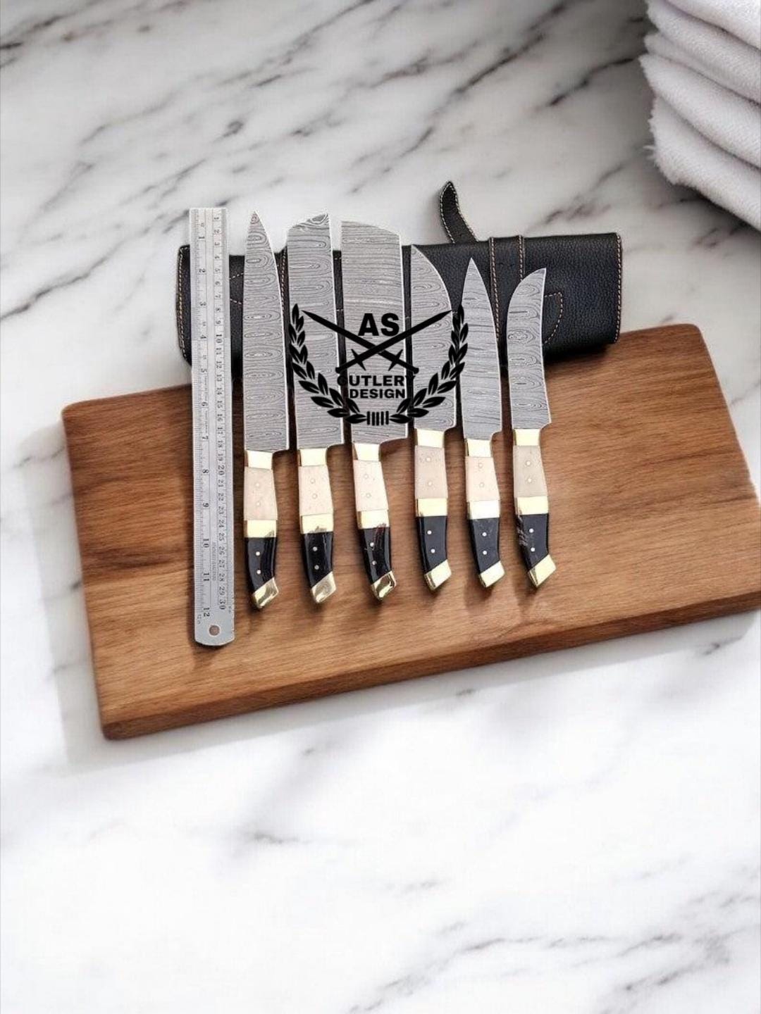 Custom Handmade Damascus Chef Knife Set with Bone Handles