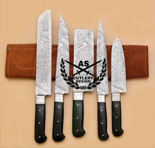 Handmade Damascus Steel Chef Knife Set: Dollar Wood Handle, Roll Bag