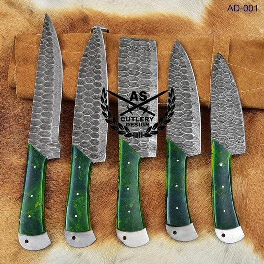 Custom Handmade Damascus Knife Set Kitchen - 5 Pieces