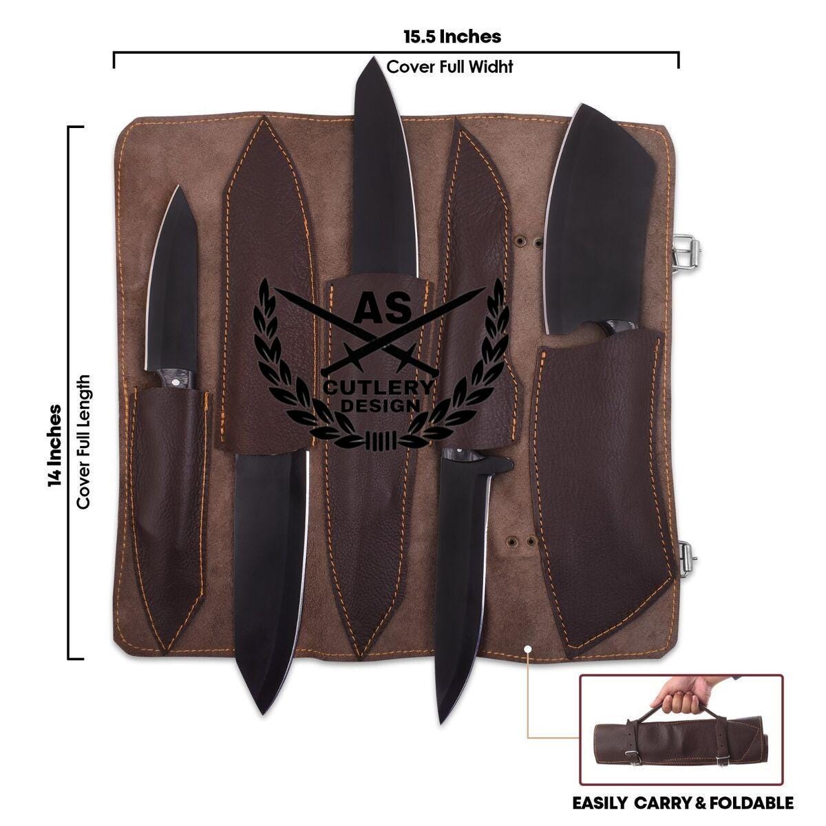 Custom Hand Forged Damascus Steel Chef Kitchen Knife Set With Leather Sheath Bag