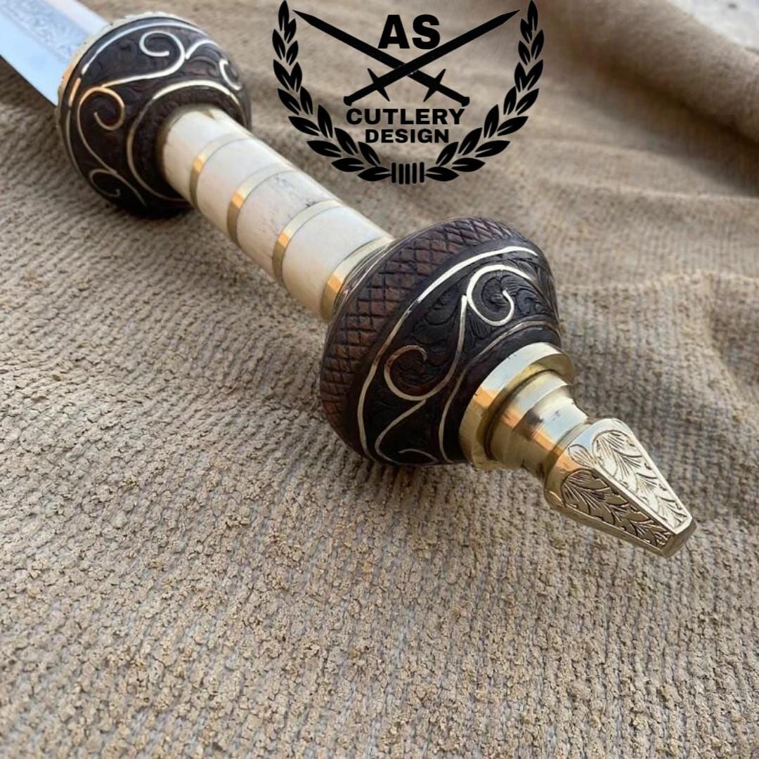 Handmade Engraved Gladius Sword: D2 Steel Blade, Rosewood & Camel Bone Handle