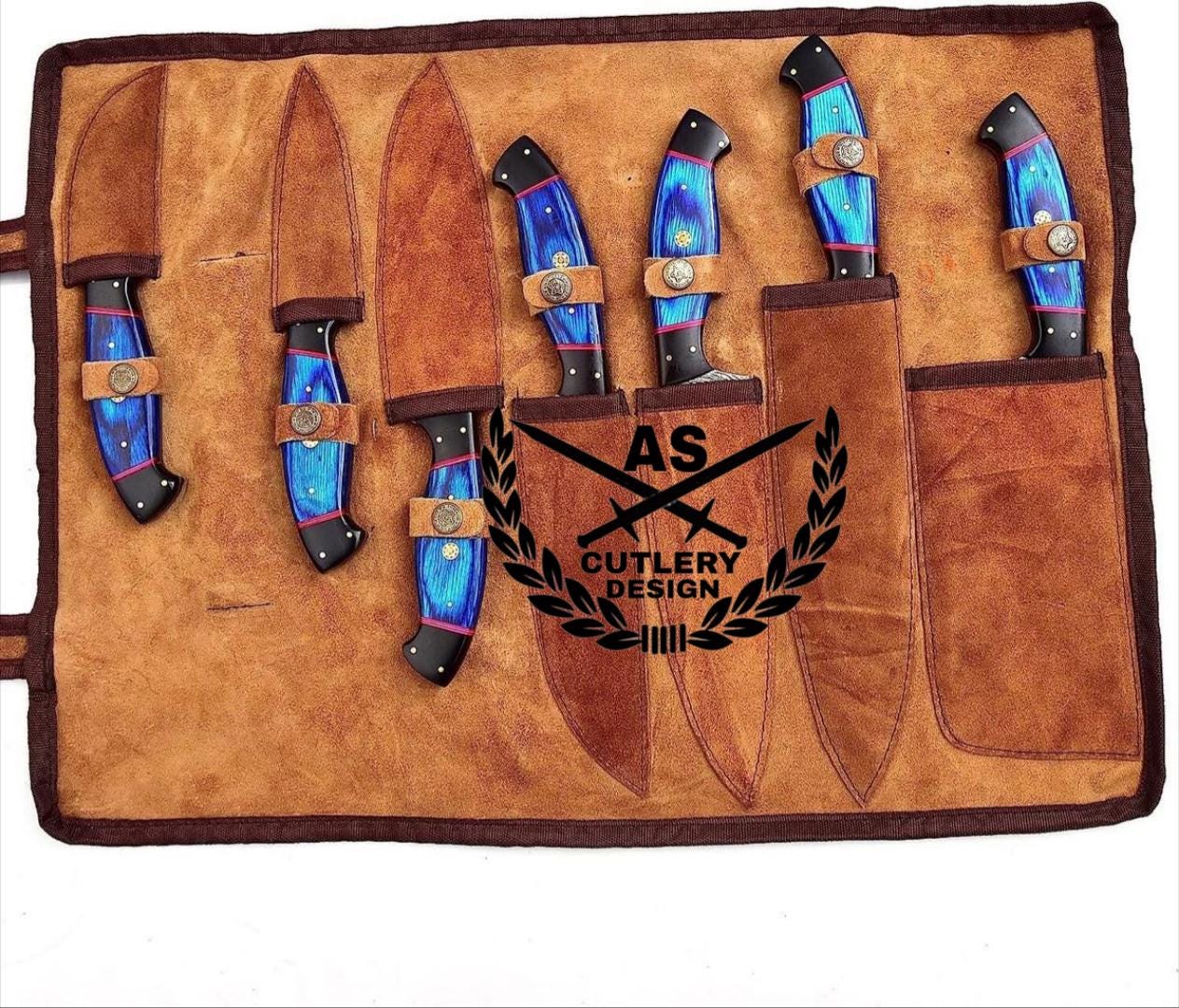 Custom made damascus steel kitchen/chef's knife set with leather roll bag