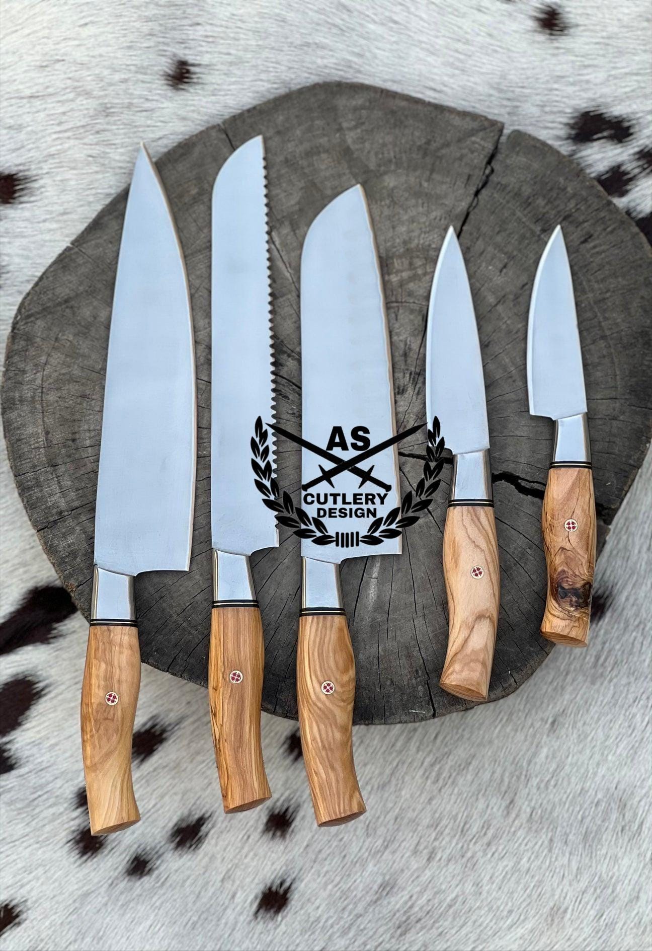 Handmade Stainless Steel Kitchen Knife Set: Olive Wood Handles, Leather Roll