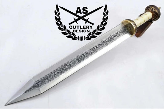 Handmade Engraved Gladius Sword: D2 Steel Blade, Rosewood & Camel Bone Handle