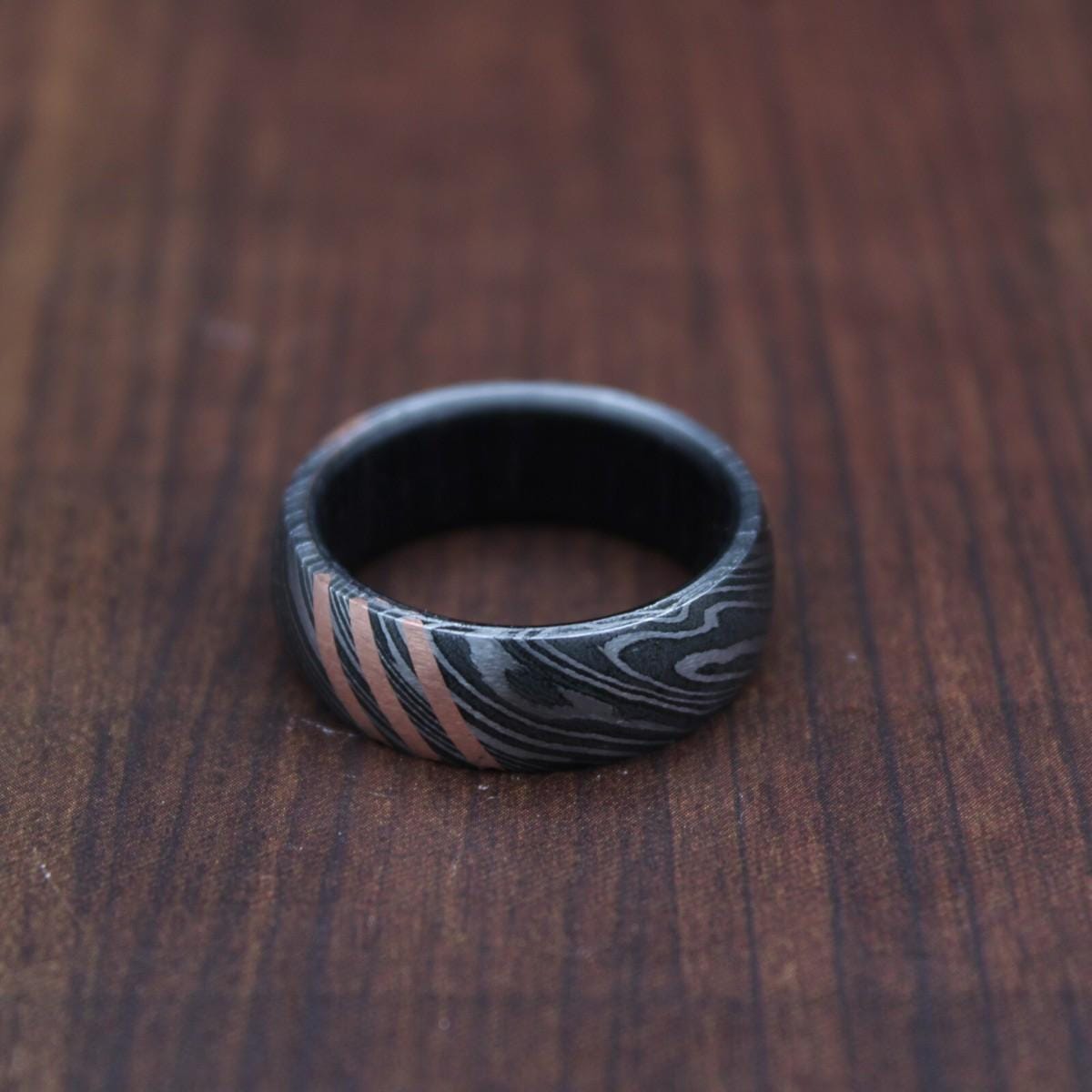 Handmade Damascus Steel Wedding Ring: Whiskey Barrel Wood Inlay