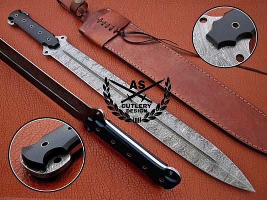 Custom Handmade Damascus Steel Sword & Leather Sheath” Camel Bone Handle