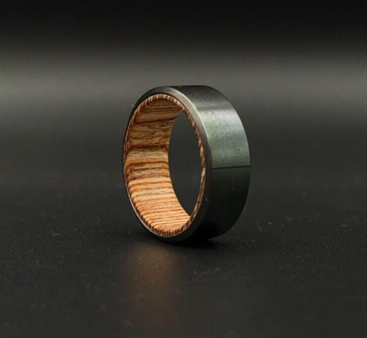 Black Zirconium with Whiskey Barrel wood inlay Handmade Wedding Ring gift ring