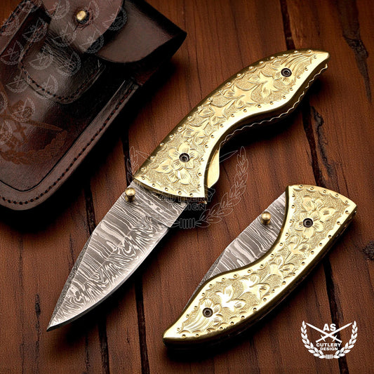 Custom handmade damascus pocket knife with engraved copper handle