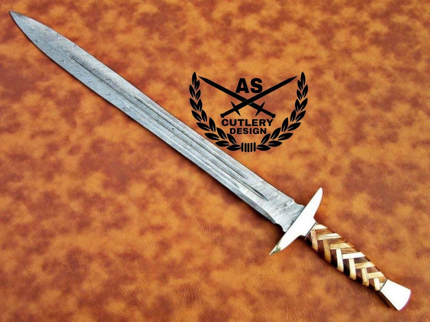 Custom Handmade Damascus Steel Sword & Leather Sheath” Natural Wood Handle