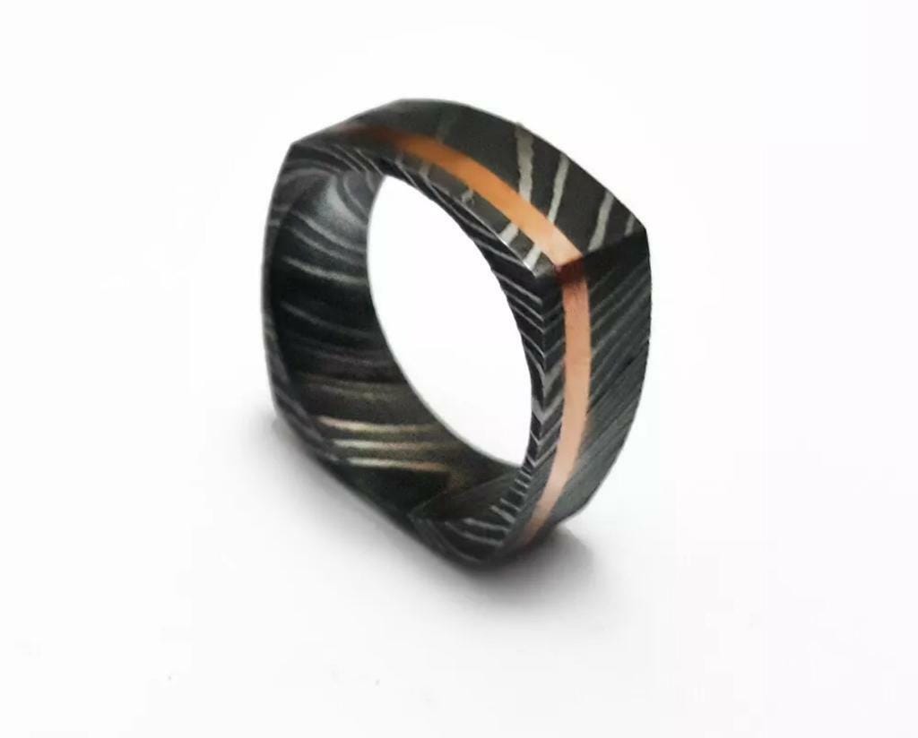 Handmade Damascus Steel Wedding Band: Iron Wood Inlay, Stainless Steel Sleeve