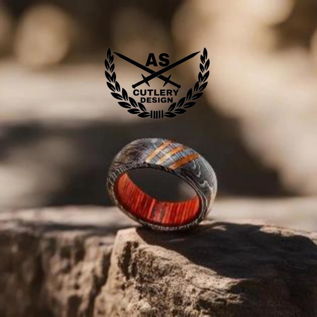 Titan damascus steel wedding ring band with wood Inlay