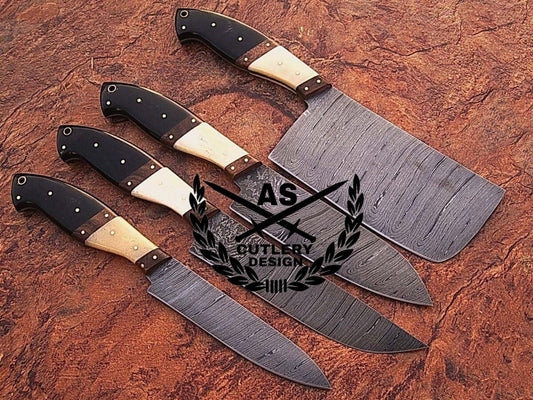 Hand Forged Damascus Steel Chef Knife Set: Bone & Horn Handles