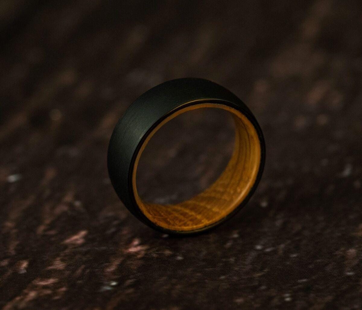 Whiskey Barrel Ring Tungsten Black Plain Wood Inside Wedding Band Ring for Men