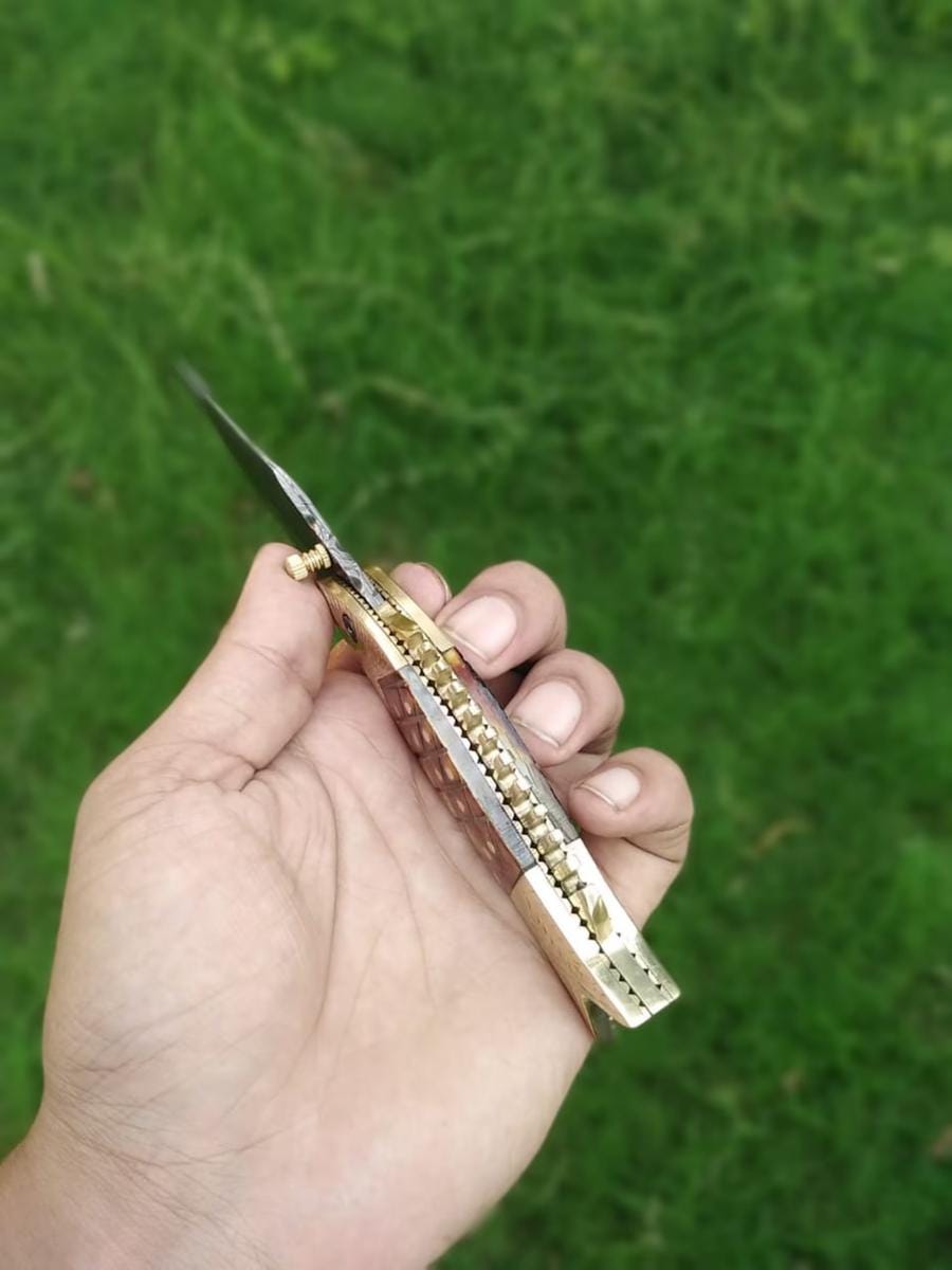 Unique Handmade Golden Fish Engraved Folding Knife Damascus Steel Blade Knife