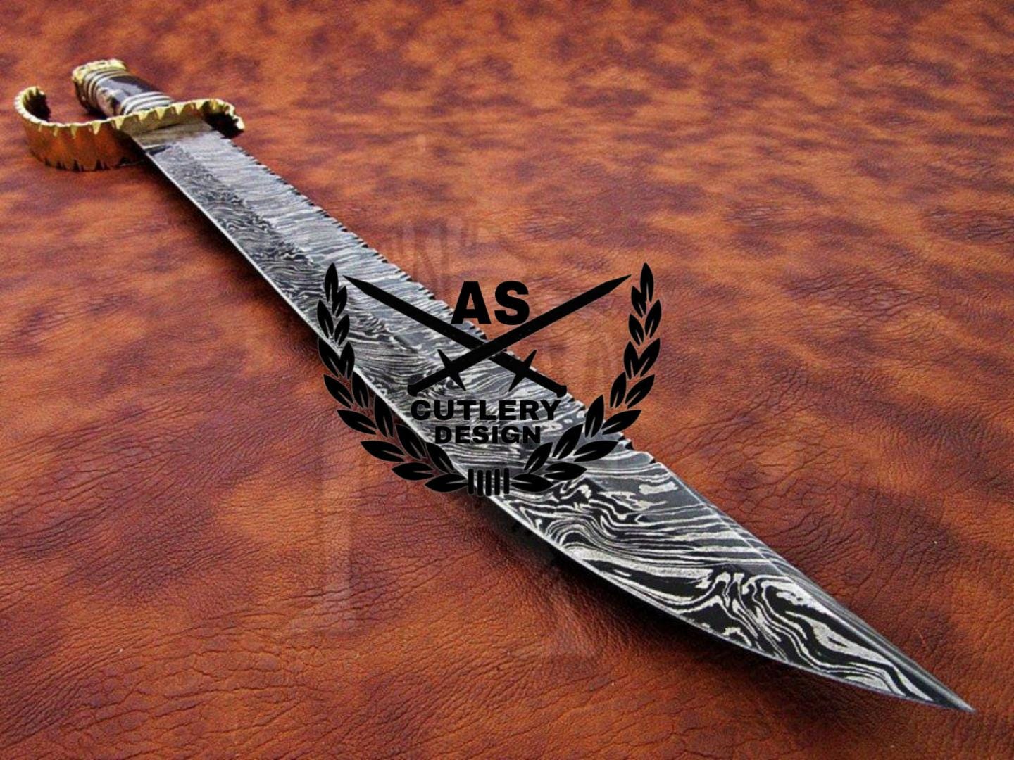 Custom Handmade Damascus Steel Sword & Leather Sheath” Buffalo Horn Handle