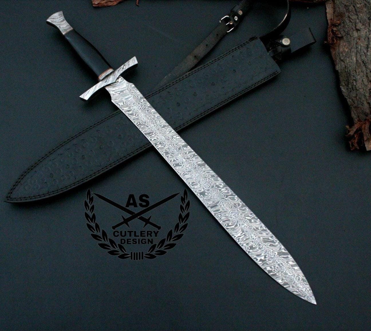 Custom handmade damascus sword steel 32”with leather sheath