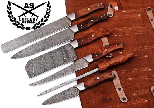 Custom made damascus steel kitchen/chef's knife set with leather roll bag