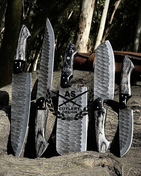 Custom Handmade Damascus Knife Set with Leather Roll bag