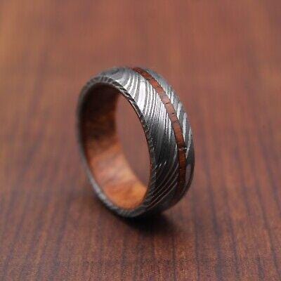 Damascus Steel & Pakkawood Ring: Handmade Wood Inlay Wedding Band