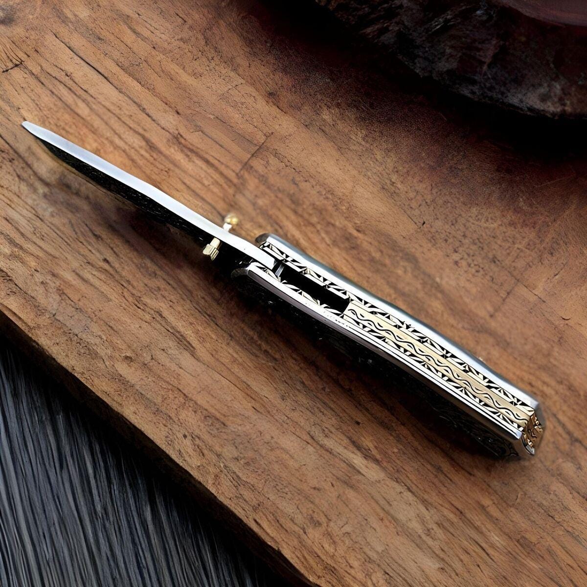 Custom Handmade Stainless Steel Folding Pocket Knife Hand Engraved With Sheath
