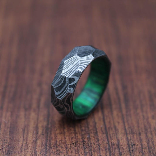 Damascus Steel & Whiskey Barrel Wood Ring - Hammered Wedding Band