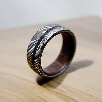Handmade Damascus Steel & Wood Inlay Ring: Rustic Wedding Band