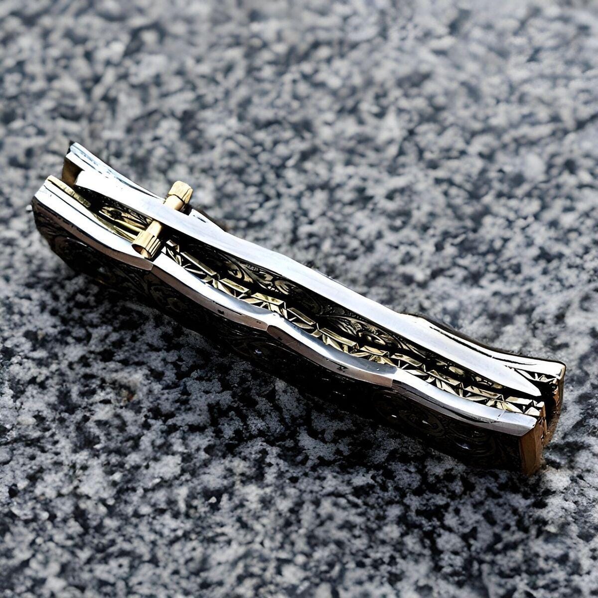 Custom Handmade Stainless Steel Folding Pocket Knife Hand Engraved With Sheath