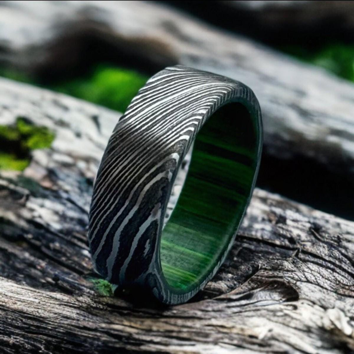 Damascus Steel & Whiskey Barrel Wood Ring - Handmade Wedding Band