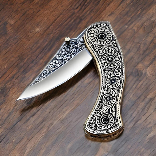 Custom Handmade Stainless Steel Folding Pocket Knife Full Engraved With Sheath