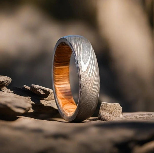 Damascus Steel & Whiskey Barrel Ring: Handmade Wedding Band
