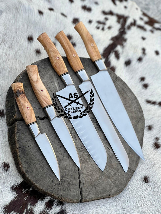 Handmade Stainless Steel Kitchen Knife Set: Olive Wood Handles, Leather Roll