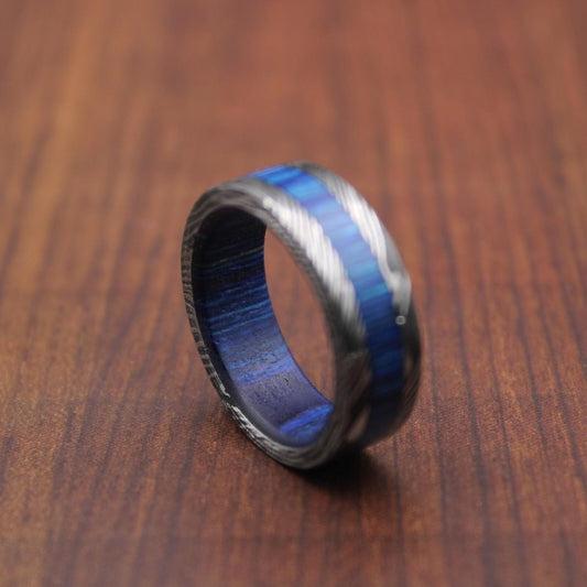 Damascus Steel & Wood Wedding Ring: Handmade Engagement Band