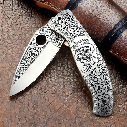 Custom Handmade Stainless Steel Folding Pocket Knife Full Engraved With skull