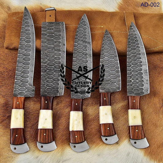 Custom Handmade Damascus Cooking Knife Set - 5 Pieces