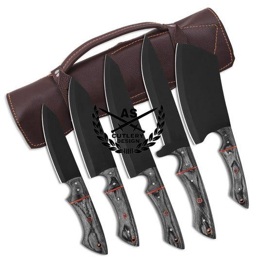 Custom Hand Forged Damascus Steel Chef Kitchen Knife Set With Leather Sheath Bag