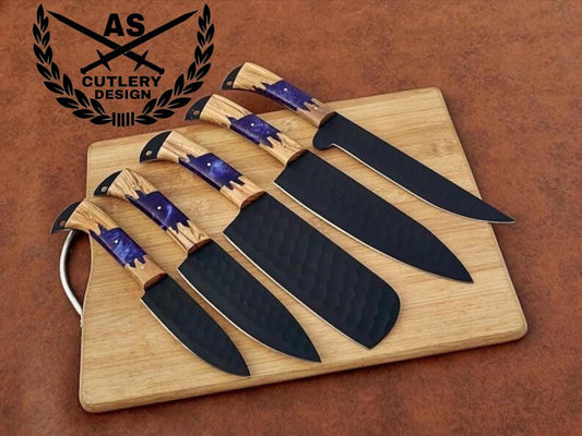 Custom Hand Forged Damascus Steel Chef Kitchen Knife Set With Leather Sheath Bag