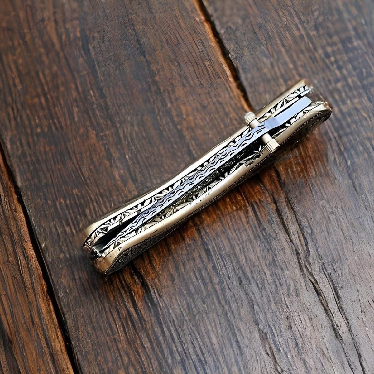Custom Handmade Stainless Steel Folding Pocket Knife Full Engraved With Sheath