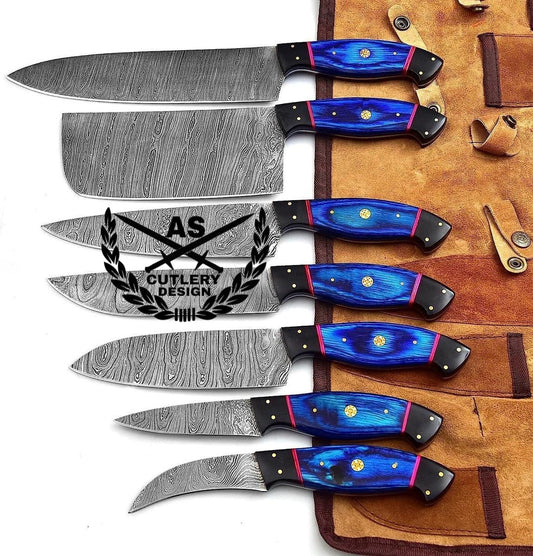 Custom made damascus steel kitchen/chef's knife set with leather roll bag