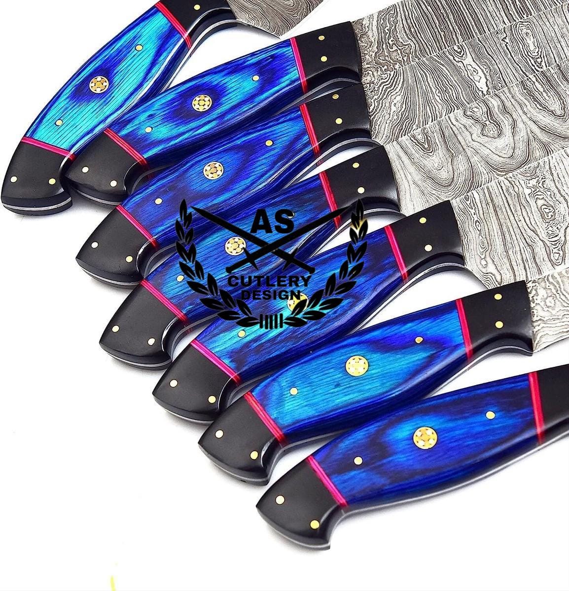 Custom made damascus steel kitchen/chef's knife set with leather roll bag