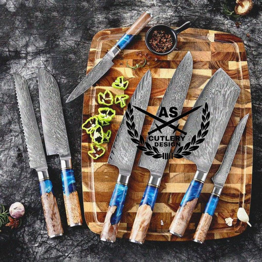 Custom handmade damascus kitchen knives set with leather bag