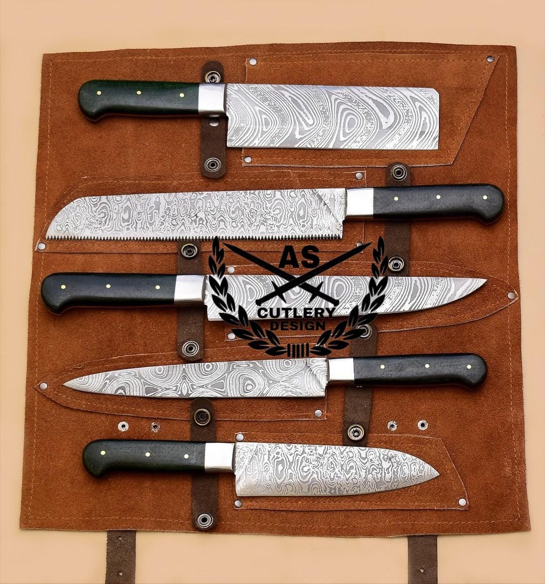 Handmade Damascus Steel Chef Knife Set: Dollar Wood Handle, Roll Bag