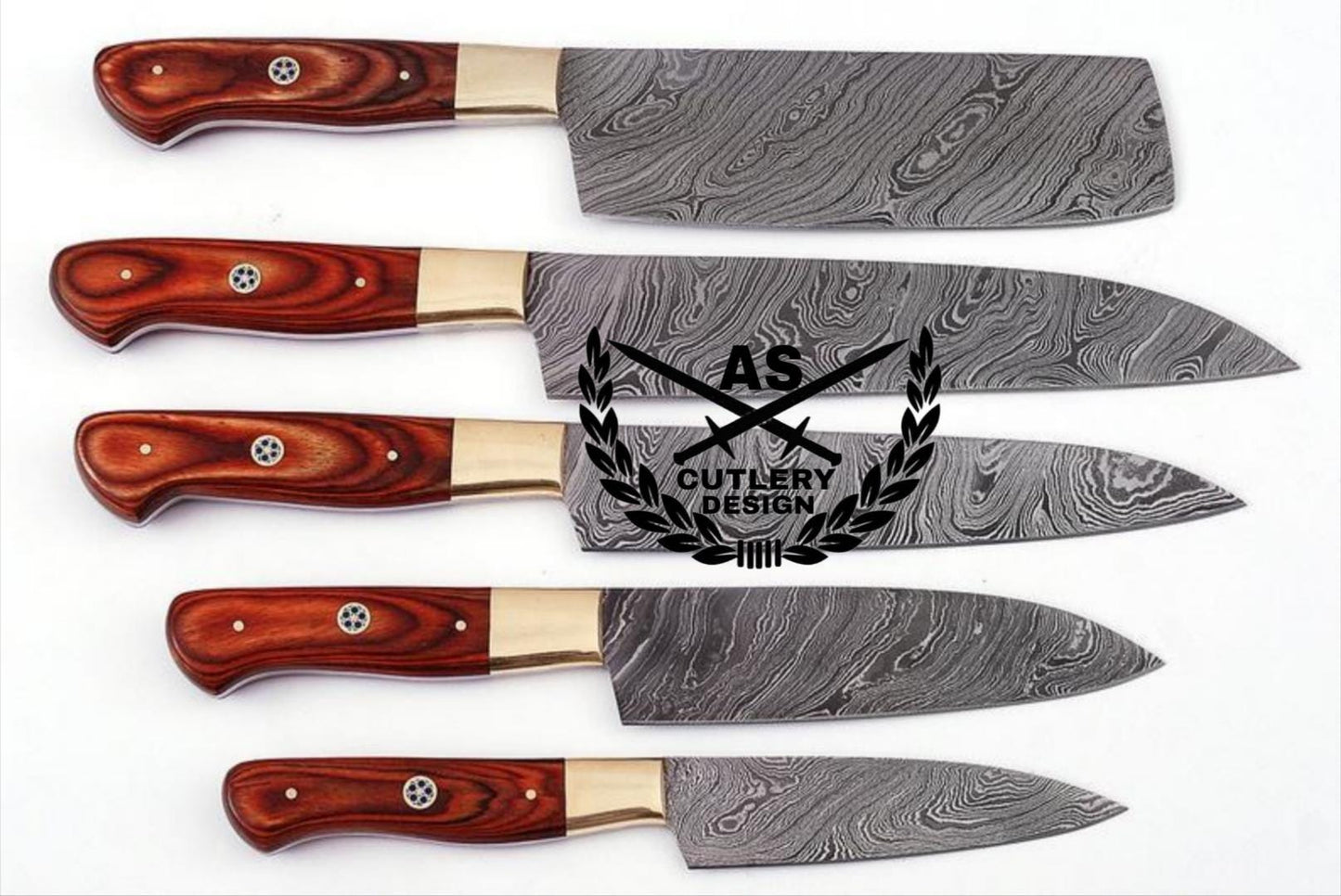 Custom handmade damascus kitchen knives set 5” with leather bag