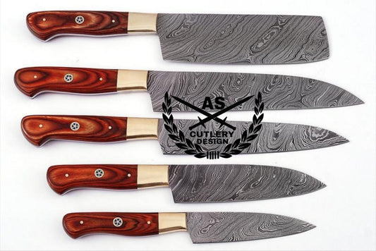 Custom handmade damascus kitchen knives set 5” with leather bag