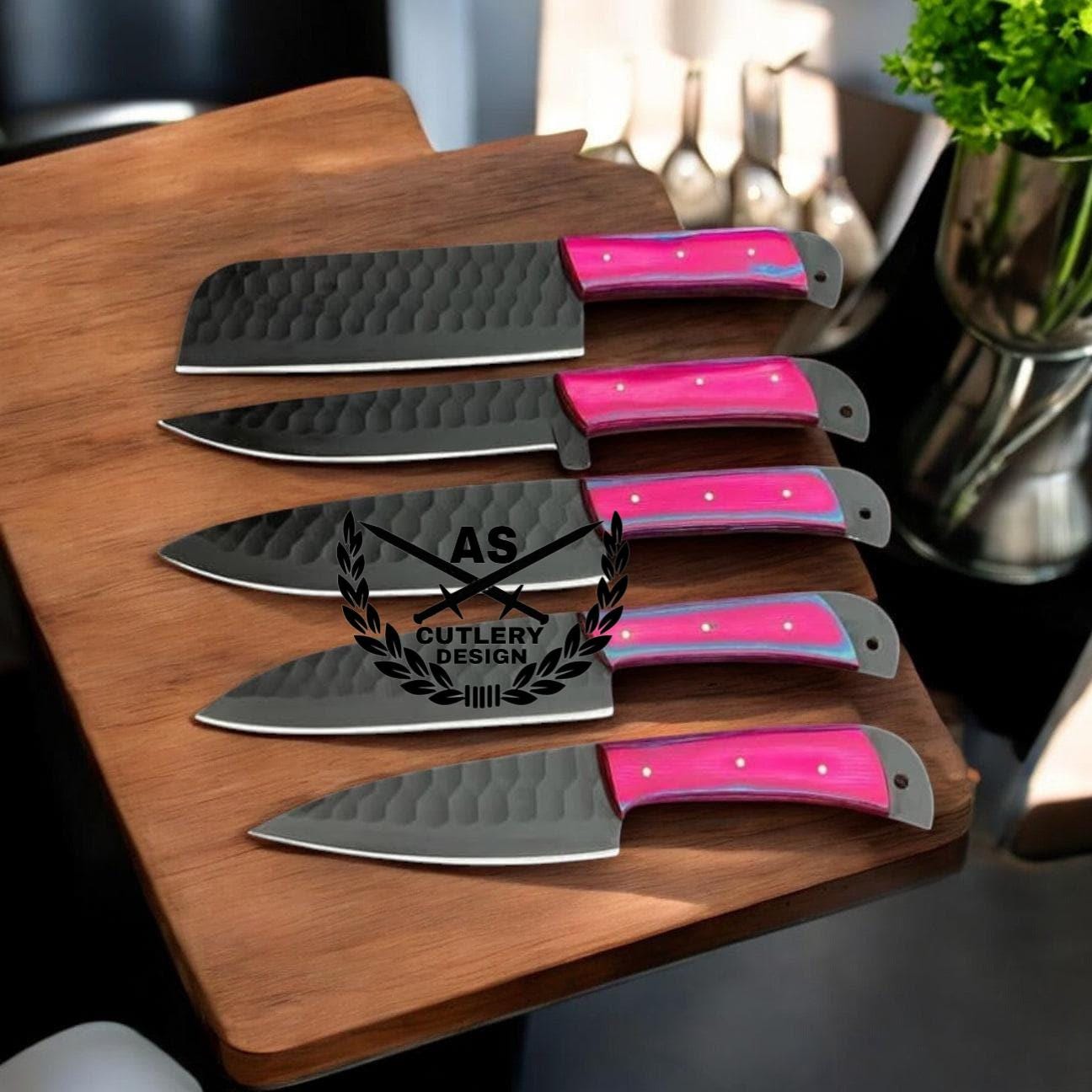 Handcrafted Chef Knife Set: Exotic Wood Handles, Stainless Steel Blades, Leather Roll