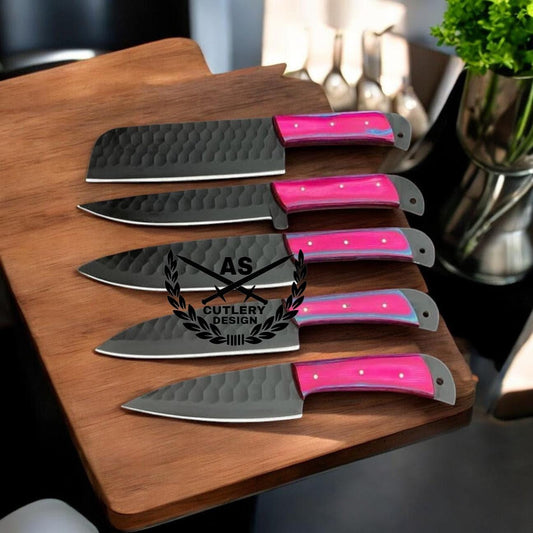 Handcrafted Chef Knife Set: Exotic Wood Handles, Stainless Steel Blades, Leather Roll