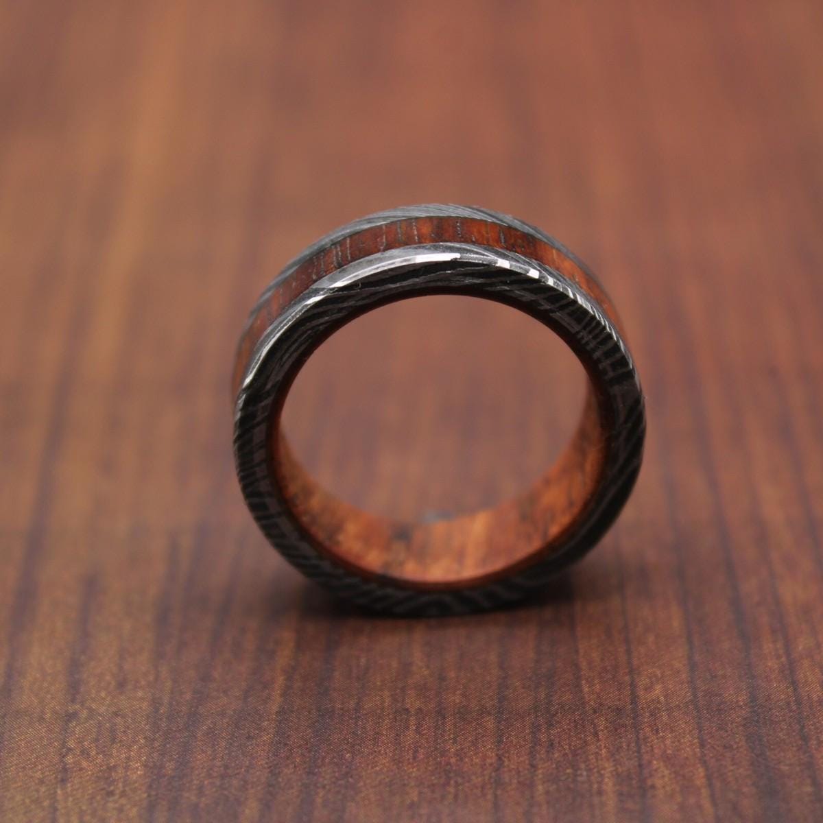 Damascus Steel Wedding Ring Whiskey Barrel & Blue Wood Inlay Men's Band