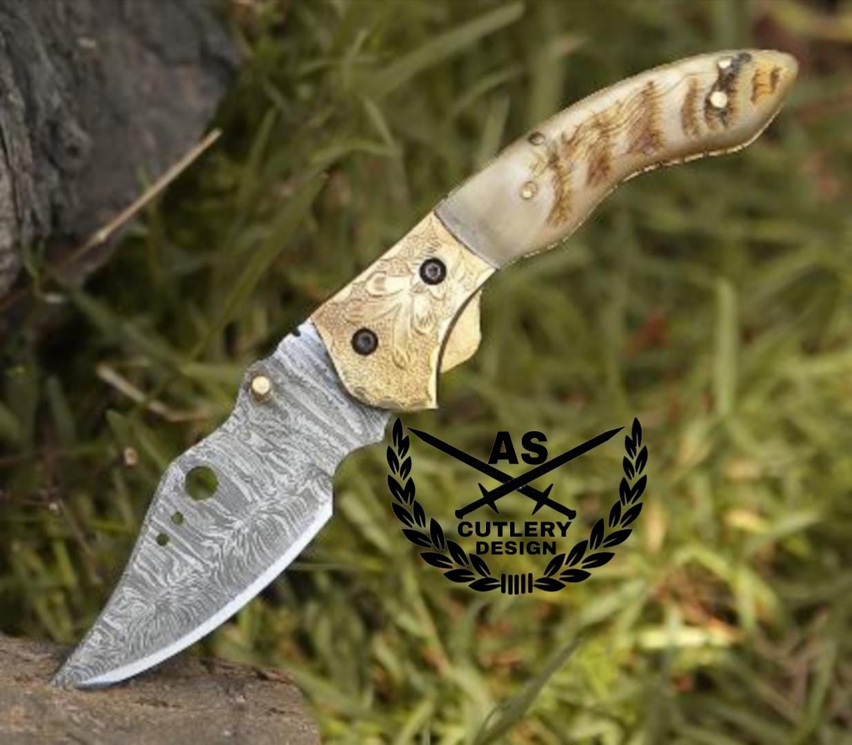 Custom handmade pocket folder with ram horn handle